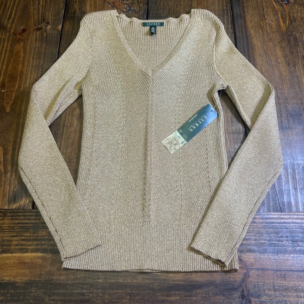 Lauren Ralph Lauren Gold Metallic V-Neck Ribbed Knit Sweater Womens Large NEW